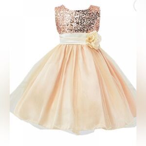 Champagne Sequin and Tulle A-Line Party Dress with Flower Accent